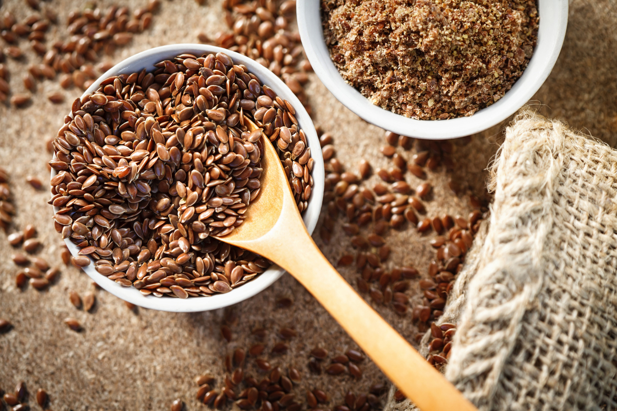 flax seeds with flax cloth sacks